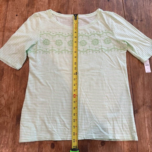 Talbots Cotton Cap Short Sleeve Green Striped Embroidered Slub Tee Shirt Small - Picture 8 of 11